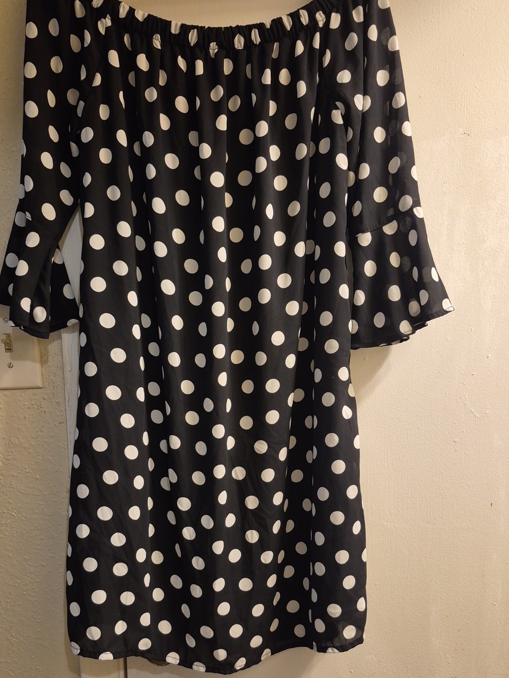 City Streets Black and White Polka Dot Off-Shoulder Mini Dress
